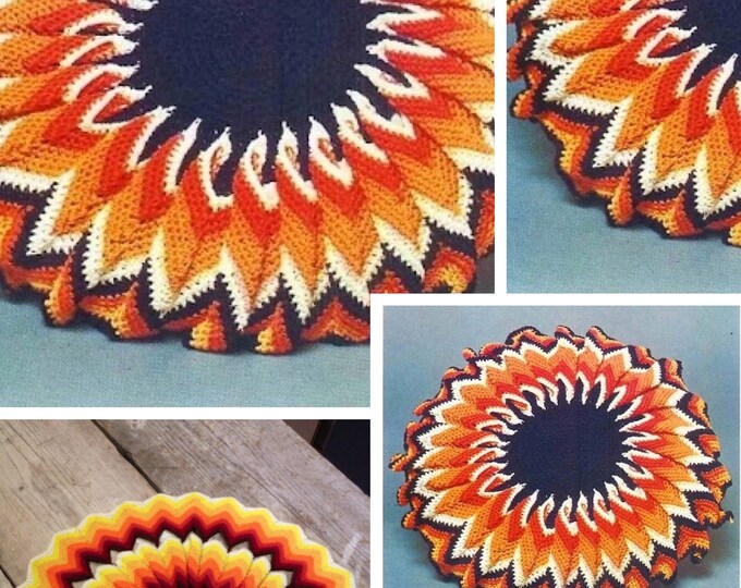 PDF.Vintage years 70. Crochet sunflower cushion model.Pattern with French tutorials PDF format