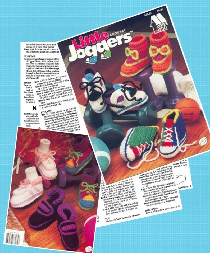 May include: A pattern booklet titled Little Joggers by Annie's Attic featuring instructions and photographs of various crocheted baby shoes. The images display colourful yarn footwear in styles resembling trainers and boots, arranged with small dumbbells.