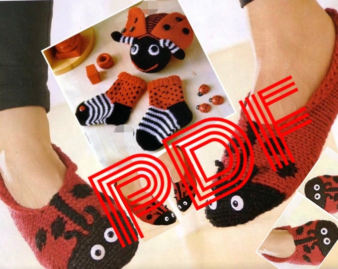 Special offer.Vintage.Slipper models for adults and ladybug baby booties in knitting.Pattern with French tutorials in PDF format
