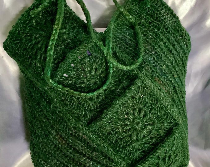 Chic tote bag - crochet shoulder bag, green cord, Boho style, large mother's square