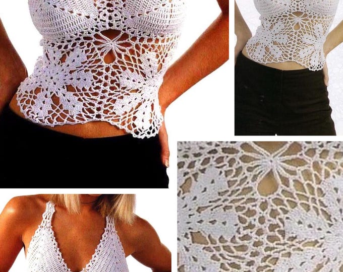 Vintage. Chic crochet lace top model, white cotton, for women. Pattern with French tutorial PDF format