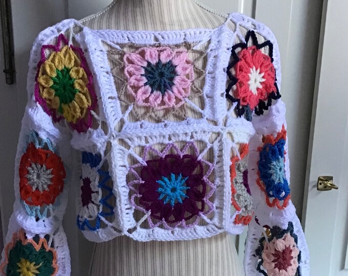 Unique model.Chic top -multicolored square fancy lace sweater,boho style,acrylic/cotton.Ideal for giftOne size 36-40