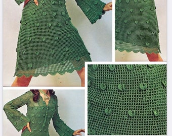 Vintage.Modelo de vestido chic de encaje a crochet, para mujer.Patrón con tutorial de francés en formato PDF