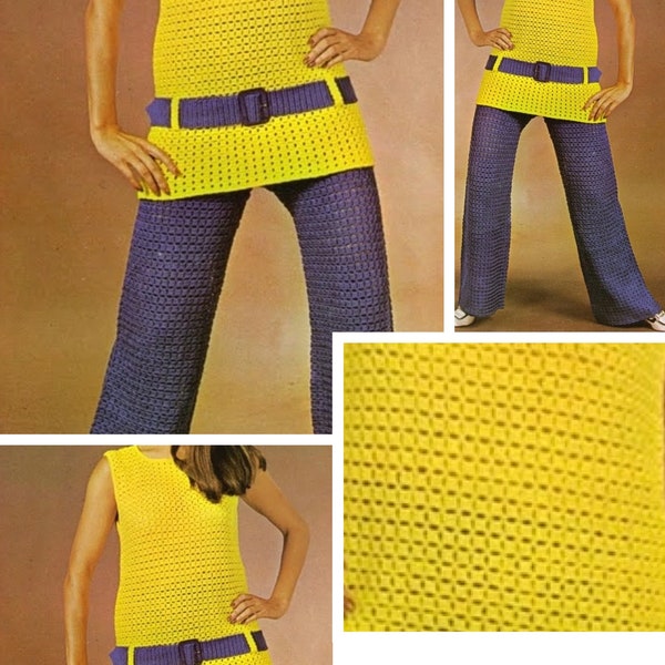 Vintage.Modèle ensemble chic tunique et pantalon au dentelles ,crochet ,pour femme.Patron avec tutoriel anglais format Pdf