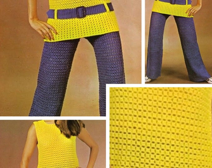 Vintage. Model chic tunic and pants set with lace, crochet, for women. Pattern with English tutorial PDF format