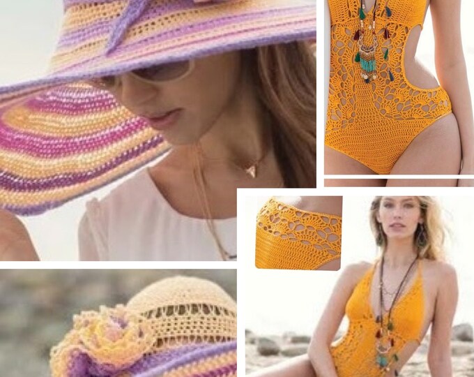 Special offer.2 models 1 piece swimsuit and crochet beach hat.Patterns with English tutorials PDF format