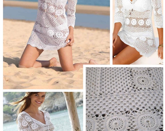Crochet pattern for white cotton lace tunic dress. Schemes, international diagrams, (without written explanation), PDF format