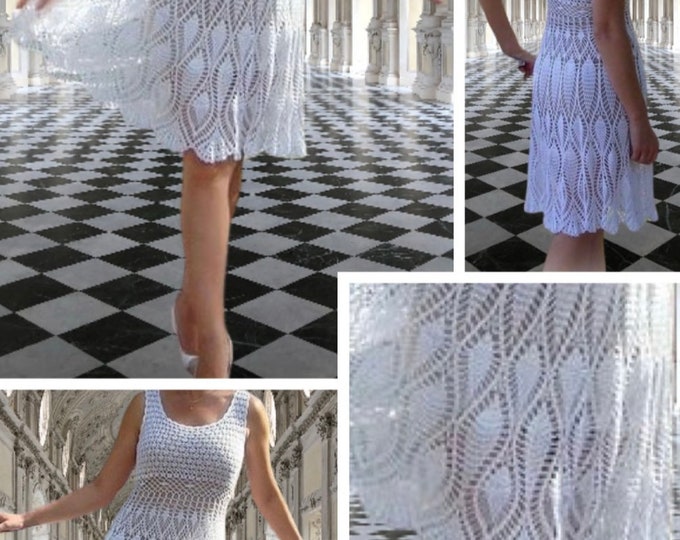 Crochet lace dress model. Schemas, international diagrams in PDF format
