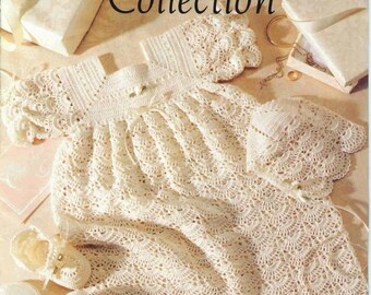 PDF Vintage.Magazine in PDF format.Baptism models for baby girl dress, bonnet, crochet ankle boots, white cotton.PDF format