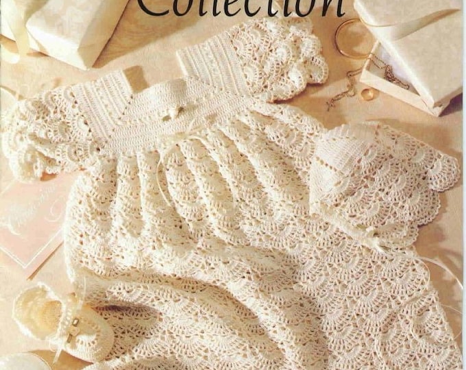 PDF Vintage.Magazine in PDF format.Baptism models for baby girl dress, bonnet, crochet ankle boots, white cotton.PDF format