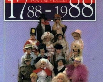 May include: A book cover titled Australian Costume For Teen Dolls 1788-1988 by Marjory Fainges. The cover features a group of dolls dressed in various historical outfits, including military uniforms, period dresses, and hats, against a light purple background.