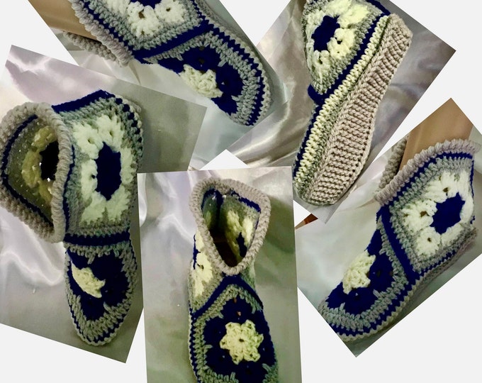 Chic slippers - large multi-colored ankle boots, handmade crochet African flower style, soft wool/acrylic, for women, one size 36-39