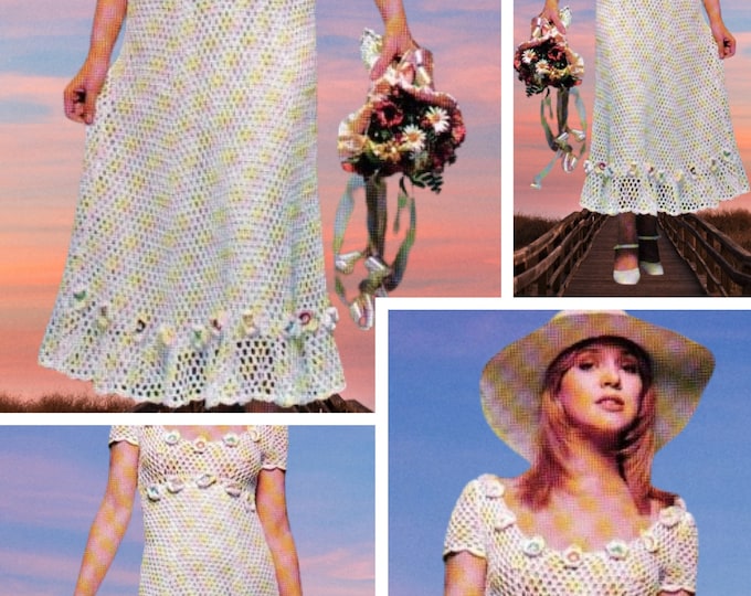 Vintage.Crochet white cotton wedding lace dress model, for women.Pattern with French tutorial PDF format
