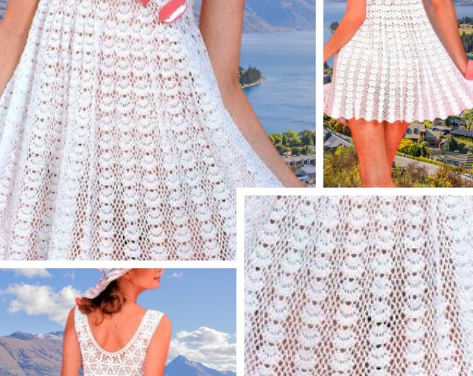 Crochet white cotton lace dress model. Schemas, international diagrams. Tutorials in English, French PDF format