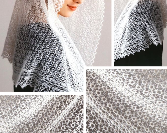 Vintage. Shetland (Orenburg) style shawl model in knitting for women. Pattern with French tutorial PDF format