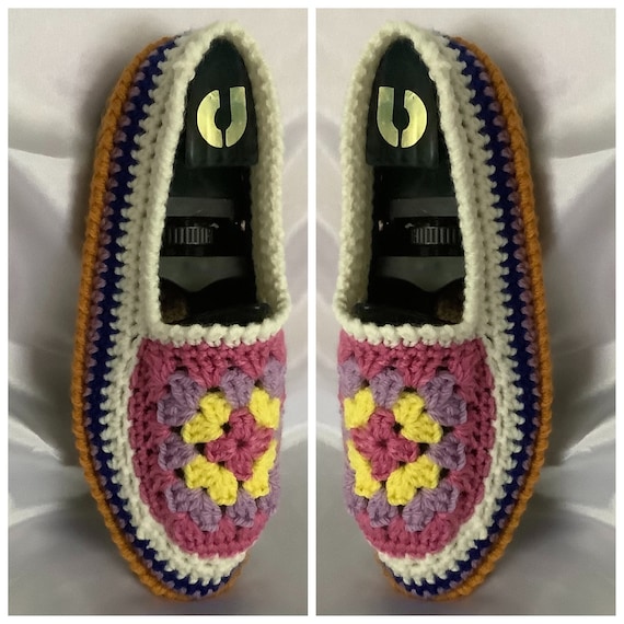 Chic ballerines - chaussons d’intérieur style boho au crochet,multicolore fantaisie acryl à semelles anti dérapantes,massager de corde bio