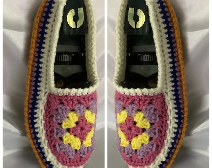 Chic ballerinas - crochet boho style indoor slippers, multi-colored fancy acrylic with non-slip soles, organic rope massager