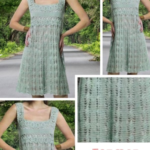 Könnte beinhalten: Ein Häkelkleid-Muster im PDF-Format. Das Kleid ist ärmellos und hat einen quadratischen Ausschnitt. Das Muster zeichnet sich durch ein zartes, durchbrochenes Design aus.