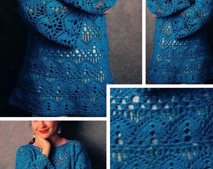 Vintage. Small dress model, tunic with long sleeves, lace, crochet, for women. Pattern with English tutorial PDF format