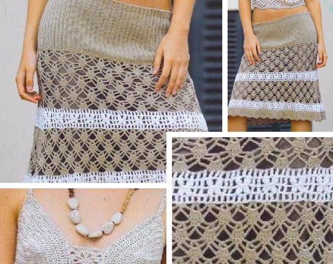 Vintage.Models set of tank top and crochet cotton lace skirt, for women.Pattern with French tutorial PDF format