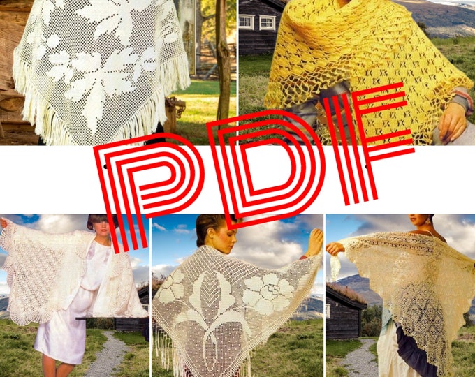 Vintage. Special offer. Parade of 5 crochet shawl models Patterns with French tutorials Pdf format