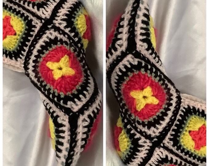 Chic slippers - large indoor ankle boots, handmade crochet grandmother's square style, soft acrylic wool, for women, one size