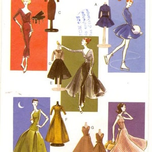 May include: A vintage sewing pattern for six different dresses. The pattern is for size one and features a variety of styles, including a fitted dress, a full skirt, and a dress with a cape. The pattern is from Vogue Crafts.