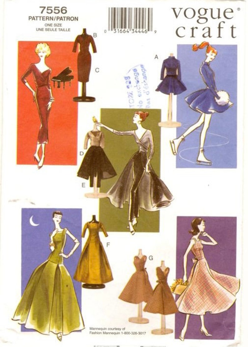 May include: A vintage sewing pattern for six different dresses. The pattern is for size one and features a variety of styles, including a fitted dress, a full skirt, and a dress with a cape. The pattern is from Vogue Crafts.