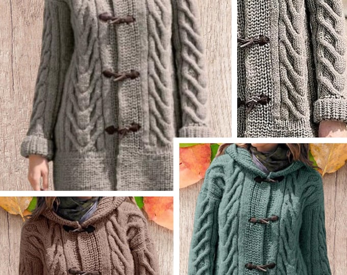 Vintage. Coat pattern - cardigan with hood, knitting, for women. Pattern with French, English tutorials Pdf format