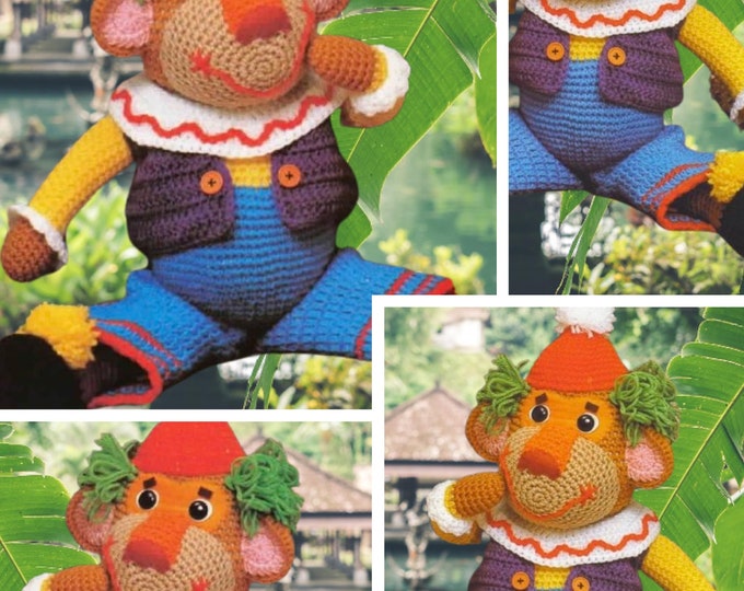 Vintage rare.Amigurumi,modèle singe clown.Patron ,pattern avec tutoriels techniques français,anglais Format Pdf.