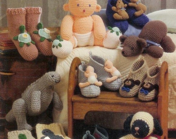 PDF Magazine Friends for the night, vintage in PDF format. Crochet cuddly toy and slippers patterns. Patterns with English tutorials in PDF format