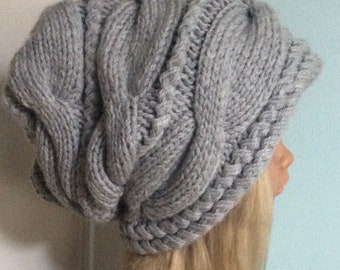 Chic gray knit hat, large size 58-60