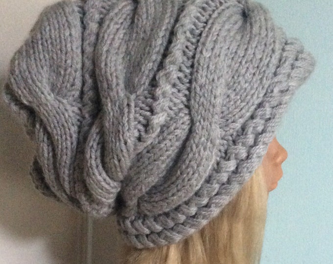 Chic gray knit hat, large size 58-60