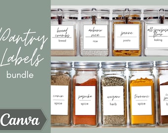 May include: A set of printable pantry labels in a white square with black text. The labels are for various pantry staples, including bread crumbs, arborio rice, penne pasta, all-purpose flour, cumin, paprika, oregano, turmeric, and chili powder.