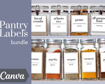 May include: A set of 10 pantry labels for organizing your kitchen. The labels are white with black text and include categories like bread crumbs, arborio rice, penne pasta, all-purpose flour, cumin, paprika, oregano, turmeric, and chili powder.