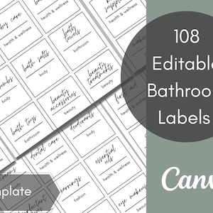 Badkamerlabels / Badkamerlabel / Etiketten / Canva-labels Sjabloon / Afdrukbare labels / Aangepaste labels / Huisorganisatie / Etikettensjabloon