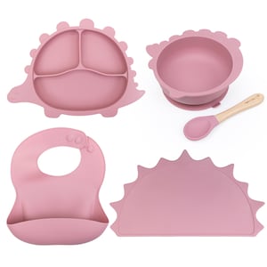 Silicone Dinosaur Baby Feeding Set: Suction Plate, Bowl, Bib & Placemat