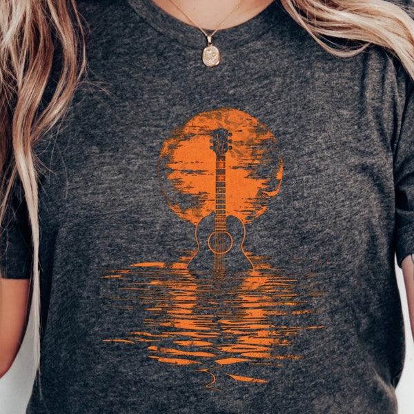 Orange Sunset Guitar Reflection Artistic T-Shirt, Unique Music Lover Tee, Guitarist Gift, Musician Graphic Shirt
