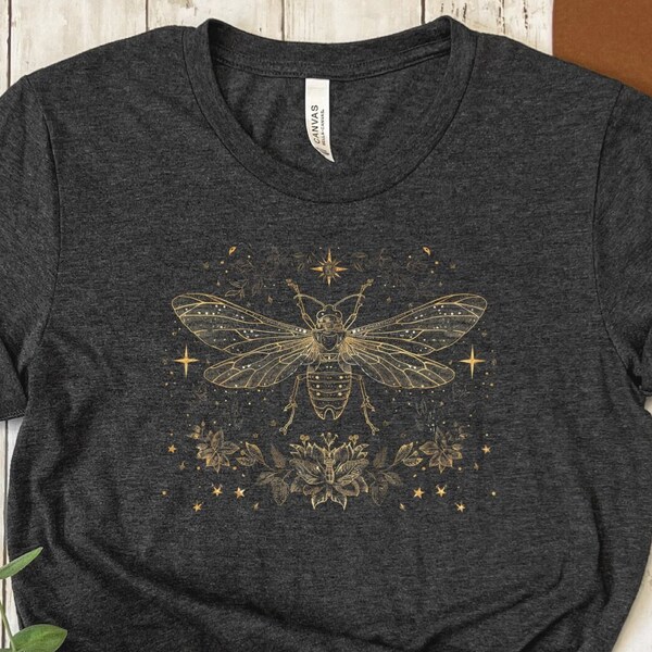 Vintage Cicada T-Shirt, Golden Insect Graphic Tee, Retro Bug Shirt, Boho Chic Nature Inspired Top, Unisex Adult Clothing