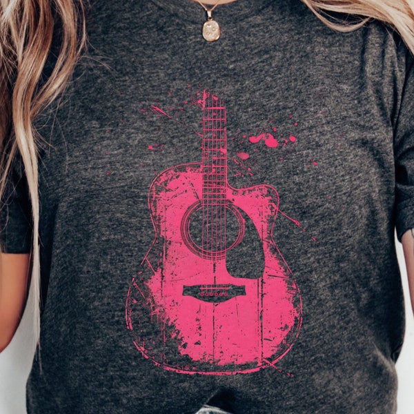 Pink Guitar T-Shirt, Abstract Art Music Lover Top, Vintage Splatter Guitar Graphic Tee, Gift for Musicians