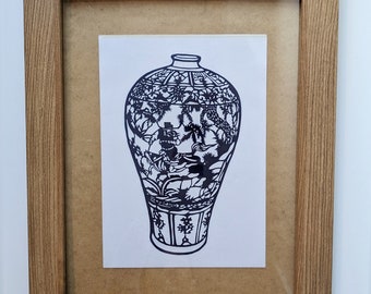 Handmade Paper Cutting Art: Chinese Vase Design, Asian Decor