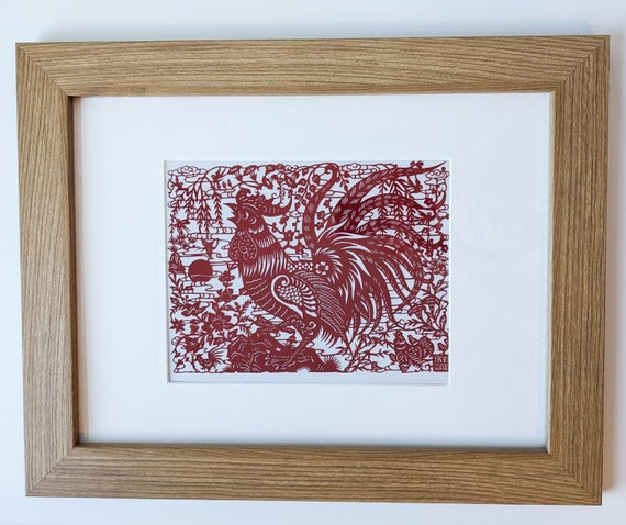 Handmade Chinese Paper Cutting Art, Rooster Design (8x11 inches)