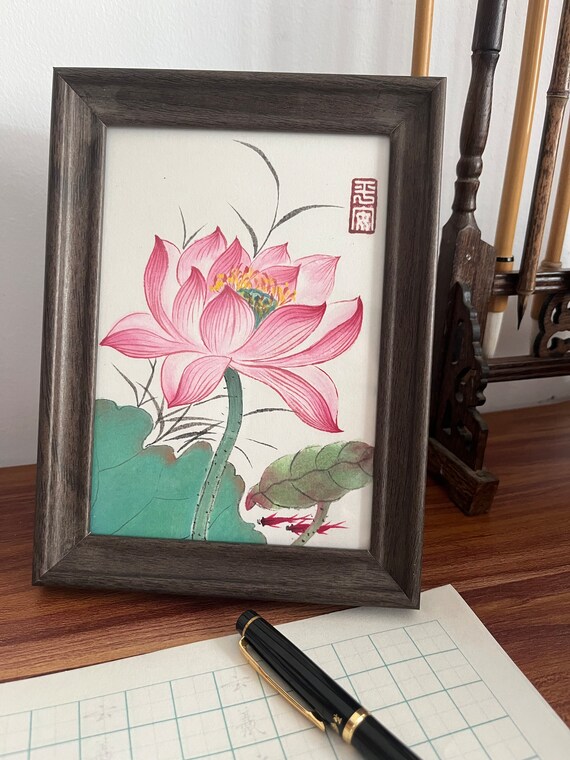 花の絵画 水彩画 木製フレーム付き 木製フレームの中国風水彩画/東洋