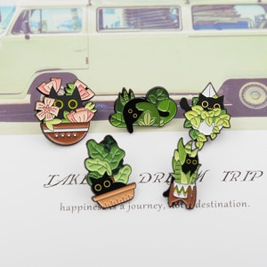 Zwarte Kat en Potplanten Emaille Pin Badge Display Revers Pin Kraag Pin Hoed Pin Leuke Emaille Pin Set Voor Tas Rugzak (Full Set)