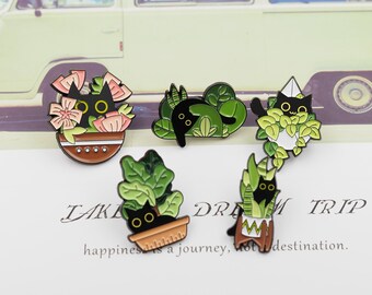 Black Cat and Potted Plant Enamel Pin Badge Display Lapel Pin Collar Pin Hat Pin Cute Enamel Pin Set For Bag Backpack