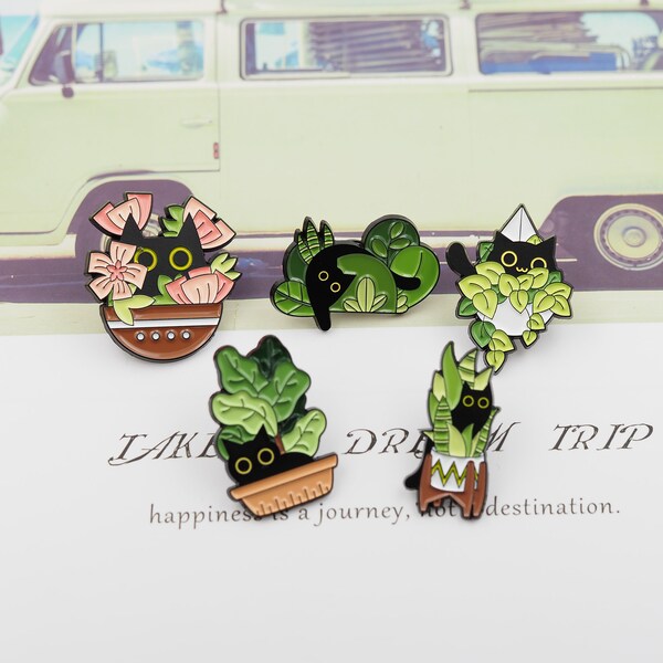 Black Cat and Potted Plant Enamel Pin Badge Display Lapel Pin Collar Pin Hat Pin Cute Enamel Pin Set For Bag Backpack