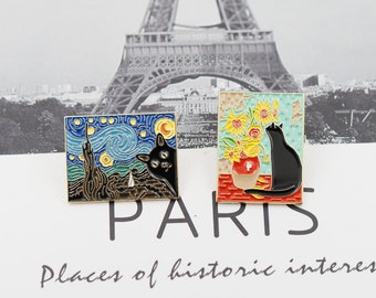 Black Cat Pin | Starry Night Pin | Van Gogh Brooch | Funny Cat Pin | Cat Badge | Enamel Cat Pin |Cat Brooch |