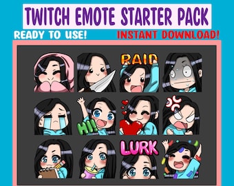 Chibi Girl Emote Pack for Twitch Streamers Discord Emotes Black Hair Blue Eyes