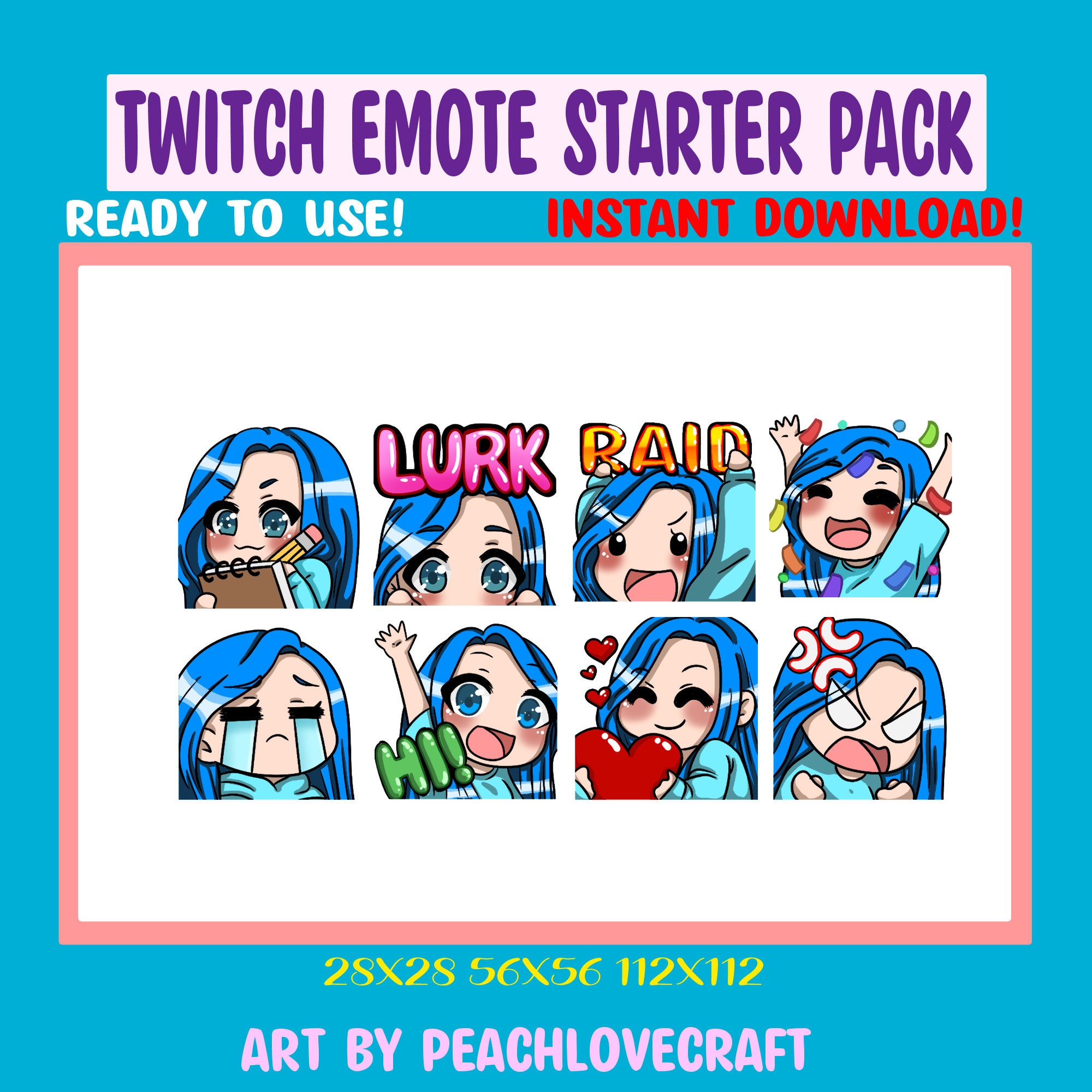 Chibi Girl Emote Pack for Twitch Streamers Discord Emotes Blue Hair ...