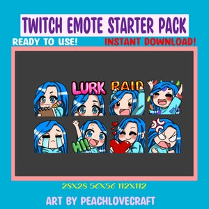 Chibi Girl Emote Pack für Twitch Streamer Discord Emotes Blue Hair Blue Eyes - 8Er Pack